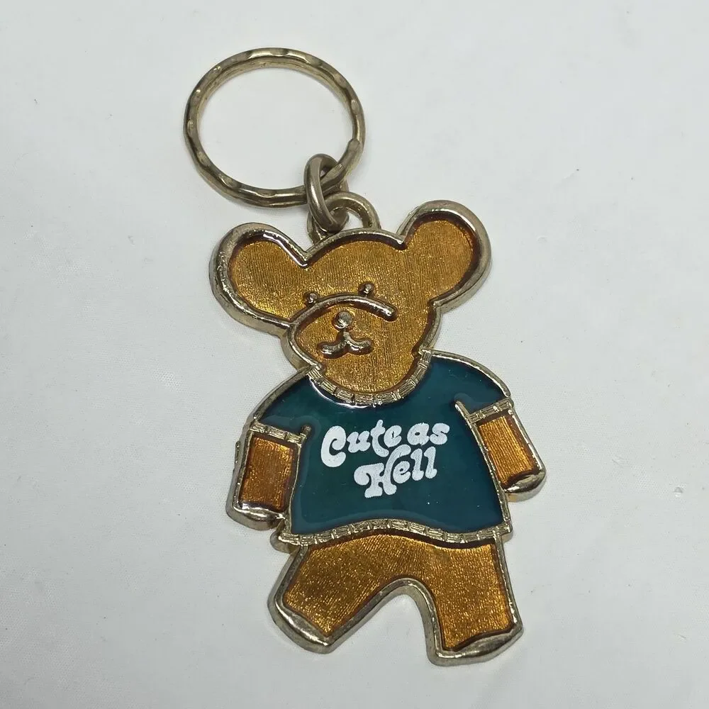 Vintage 80s Cute As Hell Teddy Bear Metal Keychain Key Ring Gold Green